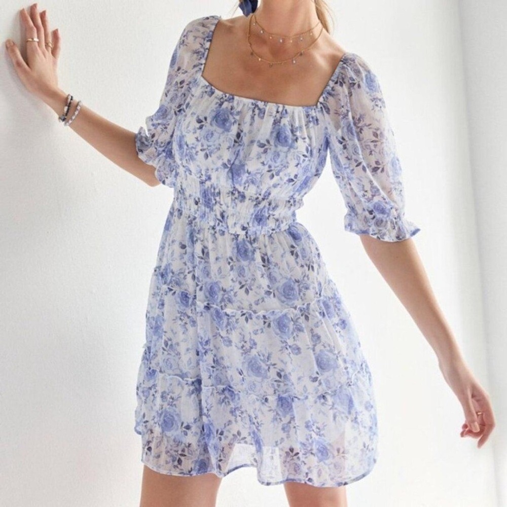 Francescas Wenona Blue and White Chiffon Dress